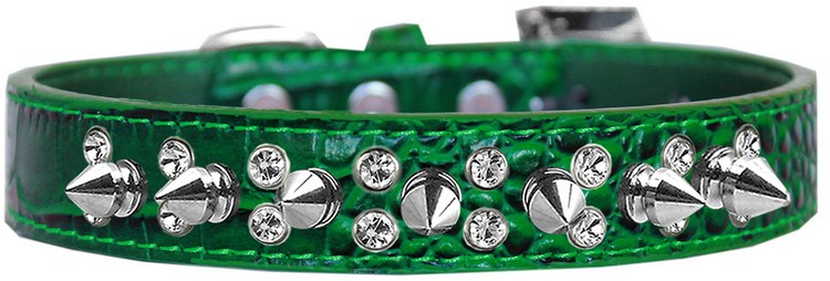 Double Crystal and Spike Croc Dog Collar Emerald Green Size 18